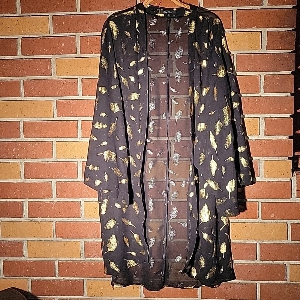 Honey Punch Sheer Black with Gold Feathers Open Over Coat, Size: S
